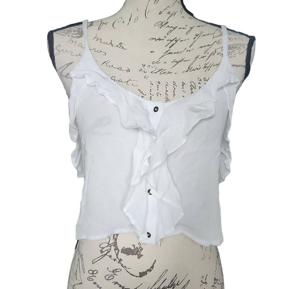 LA Hearts Women's Size Medium White Ruffle Front Button Down Crop Camisole